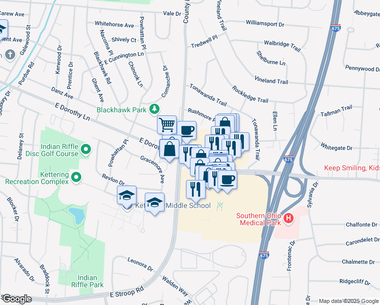 map of restaurants, bars, coffee shops, grocery stores, and more near 4486 Indian Ripple Road in Dayton