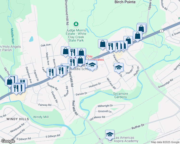 map of restaurants, bars, coffee shops, grocery stores, and more near 1500 Capitol Trail in Newark