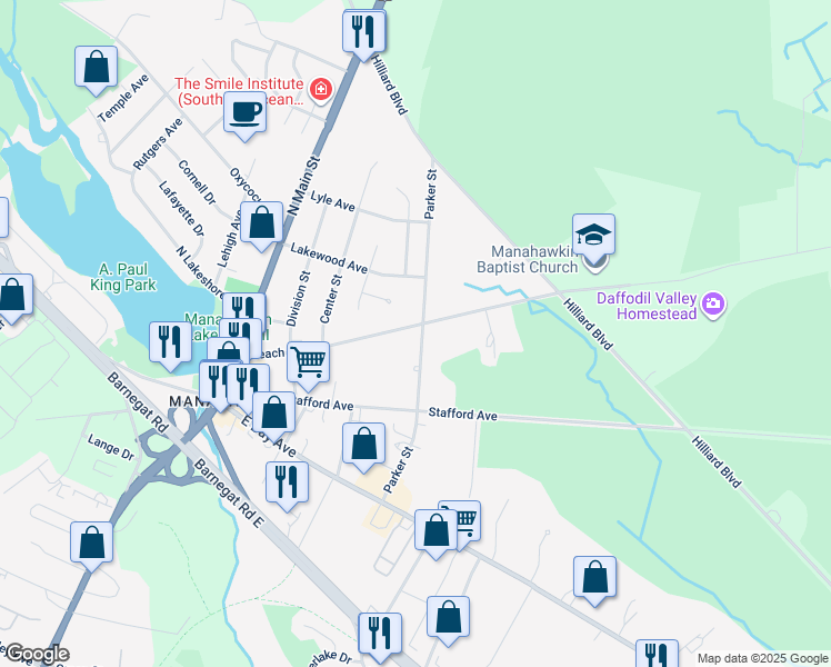 map of restaurants, bars, coffee shops, grocery stores, and more near 155 Beach Avenue in Stafford Township