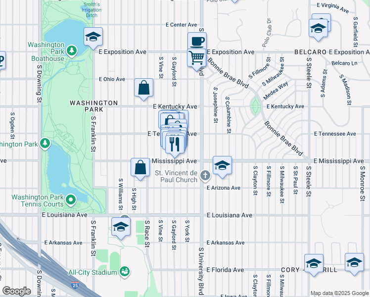 map of restaurants, bars, coffee shops, grocery stores, and more near 1057 South York Street in Denver