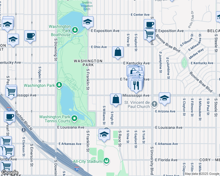 map of restaurants, bars, coffee shops, grocery stores, and more near 1055 South High Street in Denver