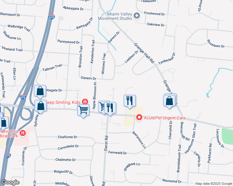 map of restaurants, bars, coffee shops, grocery stores, and more near 82 Rosell Drive in Dayton