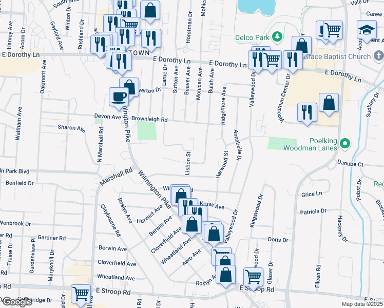 map of restaurants, bars, coffee shops, grocery stores, and more near 1676 Beaver Ridge Drive in Kettering