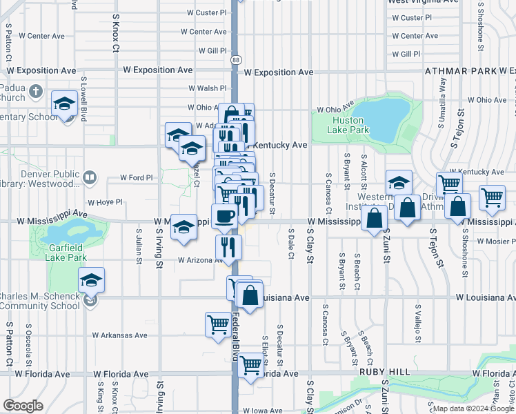 map of restaurants, bars, coffee shops, grocery stores, and more near 1080 South Eliot Street in Denver