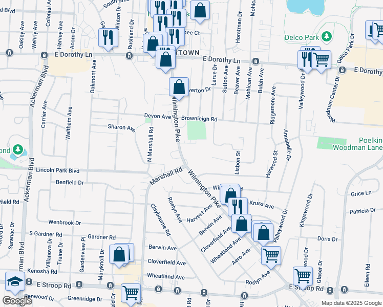 map of restaurants, bars, coffee shops, grocery stores, and more near 3316 Wilmington Pike in Dayton
