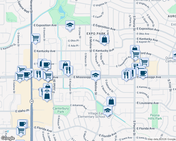map of restaurants, bars, coffee shops, grocery stores, and more near 1063 South Macon Way in Aurora