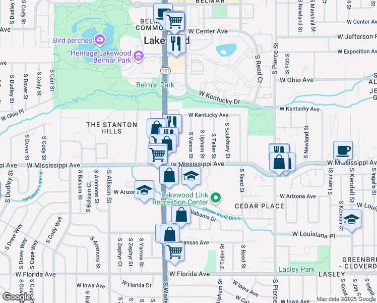 map of restaurants, bars, coffee shops, grocery stores, and more near 1045 South Vance Street in Lakewood