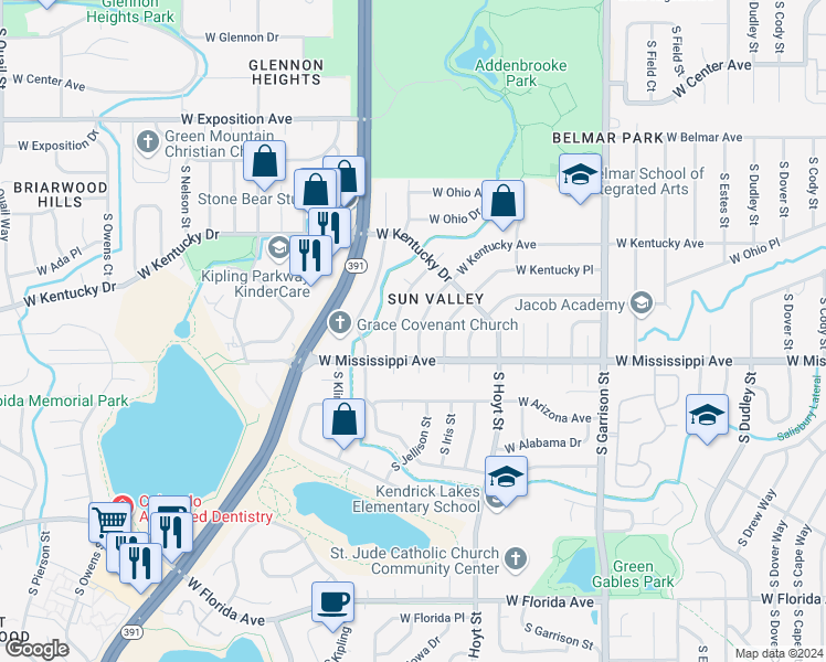 map of restaurants, bars, coffee shops, grocery stores, and more near 1065 South Jellison Street in Lakewood