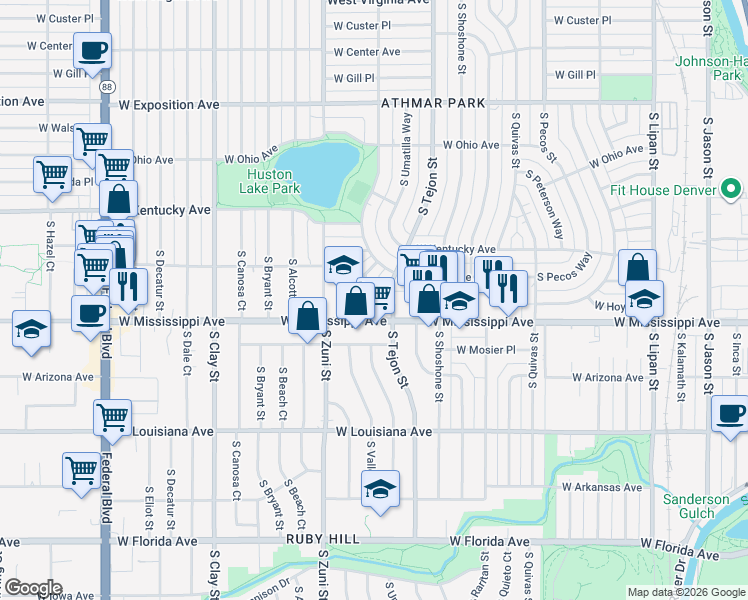 map of restaurants, bars, coffee shops, grocery stores, and more near 1060 South Vallejo Street in Denver