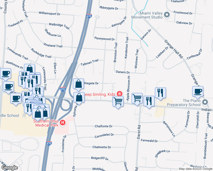 map of restaurants, bars, coffee shops, grocery stores, and more near 4121 Whitegate Drive in Beavercreek