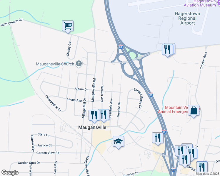 map of restaurants, bars, coffee shops, grocery stores, and more near 13906 Greenfield Avenue in Maugansville