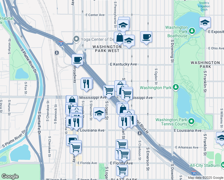 map of restaurants, bars, coffee shops, grocery stores, and more near 423 Buchtel Boulevard North in Denver