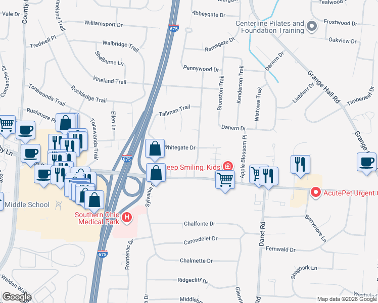 map of restaurants, bars, coffee shops, grocery stores, and more near 4153 Whitegate Drive in Beavercreek