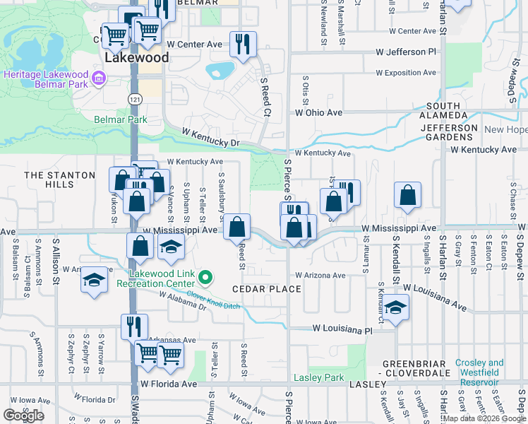map of restaurants, bars, coffee shops, grocery stores, and more near 6825 West Mississippi Avenue in Lakewood