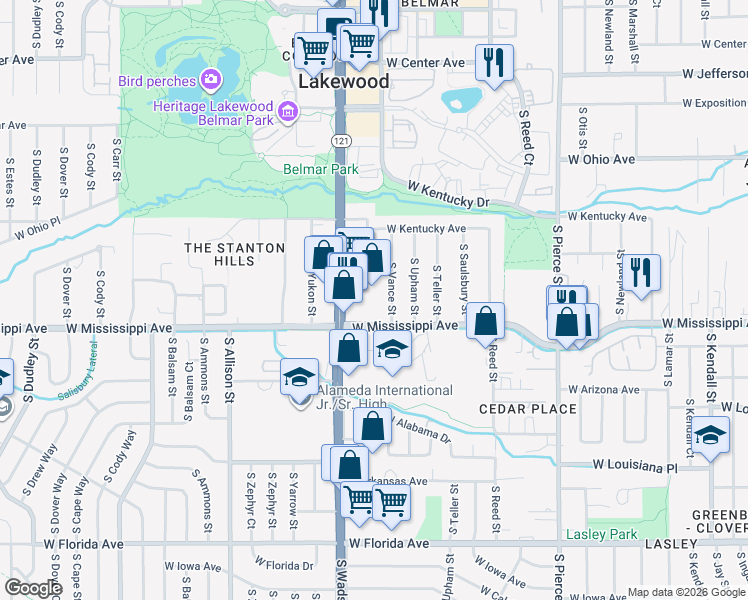 map of restaurants, bars, coffee shops, grocery stores, and more near 1045 South Vance Street in Lakewood