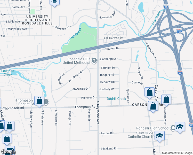 map of restaurants, bars, coffee shops, grocery stores, and more near 4540 South Keystone Avenue in Indianapolis