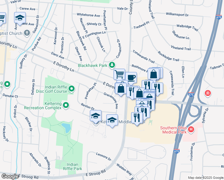 map of restaurants, bars, coffee shops, grocery stores, and more near 3101 Bromley Place in Dayton