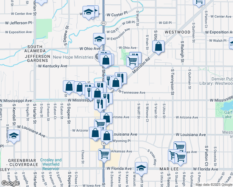 map of restaurants, bars, coffee shops, grocery stores, and more near 5048 Morrison Road in Denver