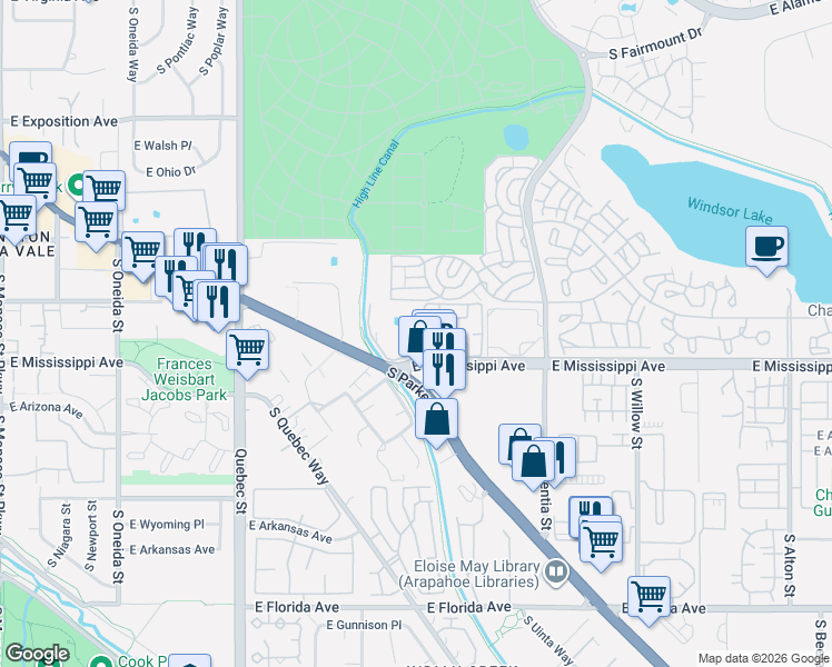 map of restaurants, bars, coffee shops, grocery stores, and more near 7901 East Mississippi Avenue in Denver