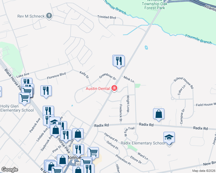 map of restaurants, bars, coffee shops, grocery stores, and more near 608 Cobblestone Road in Monroe