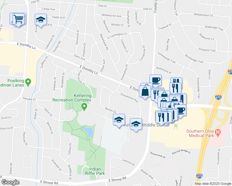 map of restaurants, bars, coffee shops, grocery stores, and more near 3150 Powhattan Place in Dayton