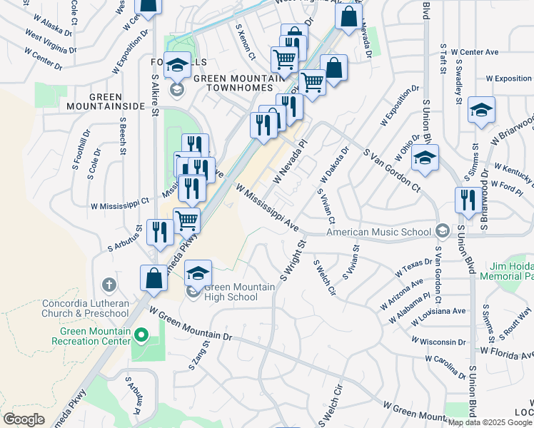 map of restaurants, bars, coffee shops, grocery stores, and more near 12756 West Mississippi Avenue in Lakewood