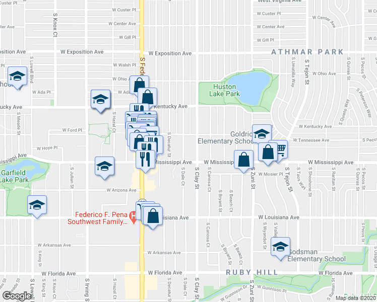 map of restaurants, bars, coffee shops, grocery stores, and more near 2707 West Mississippi Avenue in Denver