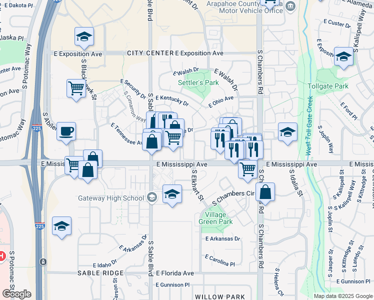 map of restaurants, bars, coffee shops, grocery stores, and more near 1076 South Elkhart Way in Aurora