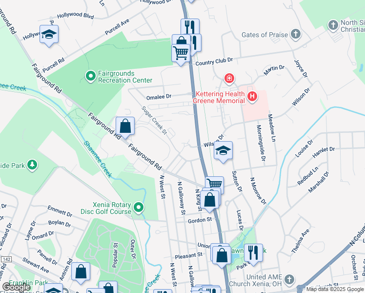 map of restaurants, bars, coffee shops, grocery stores, and more near 990 Catherine Street in Xenia