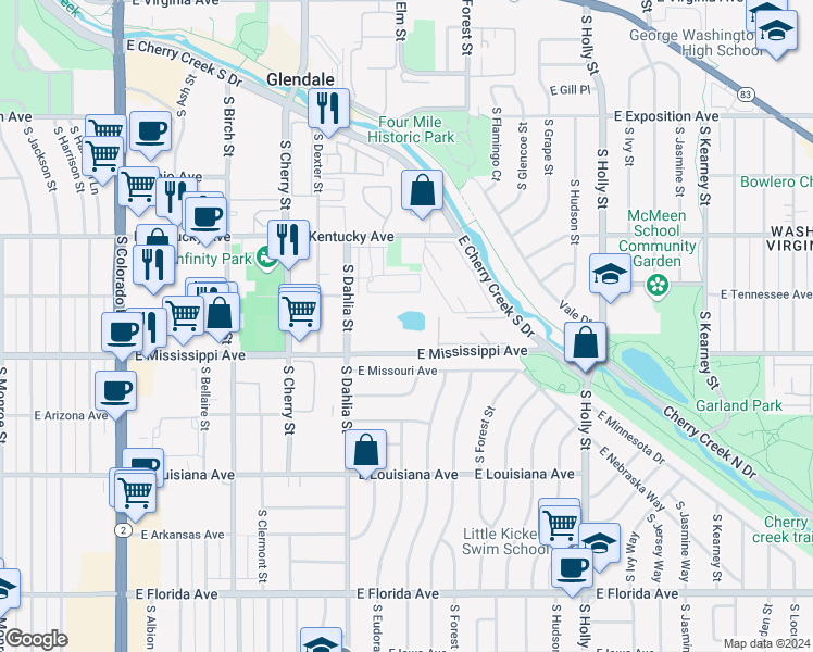 map of restaurants, bars, coffee shops, grocery stores, and more near 5001 South Dahlia Street in Glendale