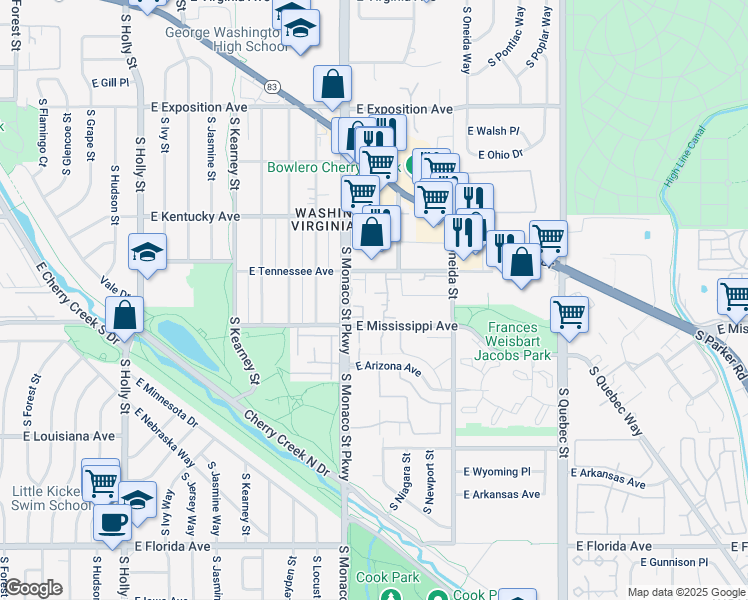 map of restaurants, bars, coffee shops, grocery stores, and more near 1050 South Monaco Parkway in Denver