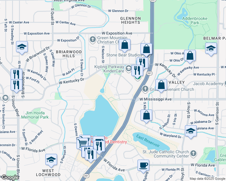 map of restaurants, bars, coffee shops, grocery stores, and more near 999 South Miller Street in Lakewood