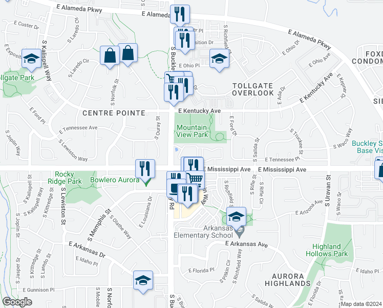 map of restaurants, bars, coffee shops, grocery stores, and more near 17003 East Tennessee Drive in Aurora