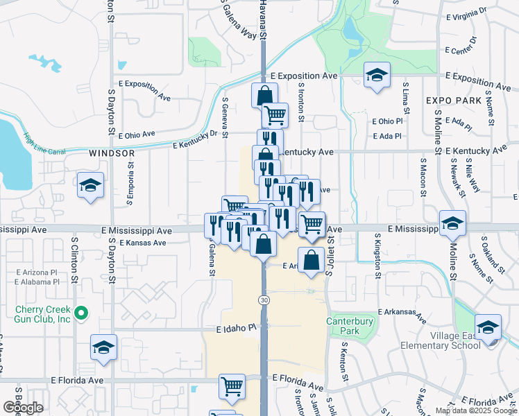 map of restaurants, bars, coffee shops, grocery stores, and more near 1001 South Havana Street in Denver