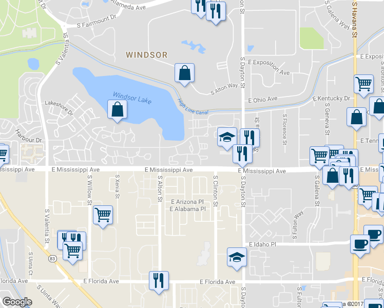 map of restaurants, bars, coffee shops, grocery stores, and more near 9123 East Mississippi Avenue in Denver