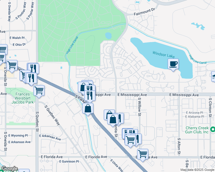 map of restaurants, bars, coffee shops, grocery stores, and more near 8101 East Mississippi Avenue in Denver