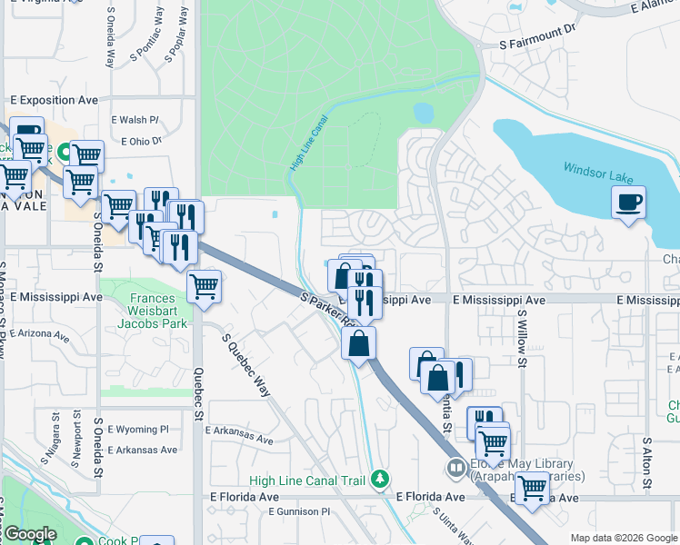 map of restaurants, bars, coffee shops, grocery stores, and more near 7901 East Mississippi Avenue in Denver