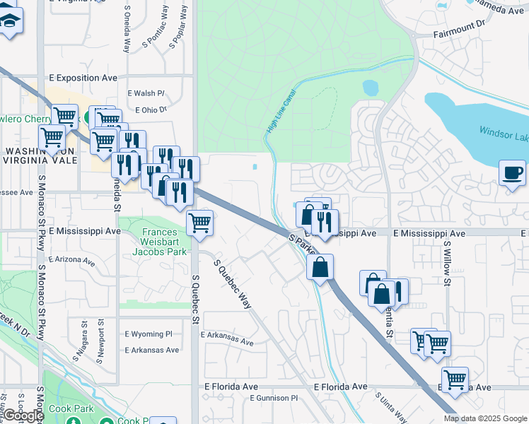 map of restaurants, bars, coffee shops, grocery stores, and more near 1090 South Parker Road in Denver