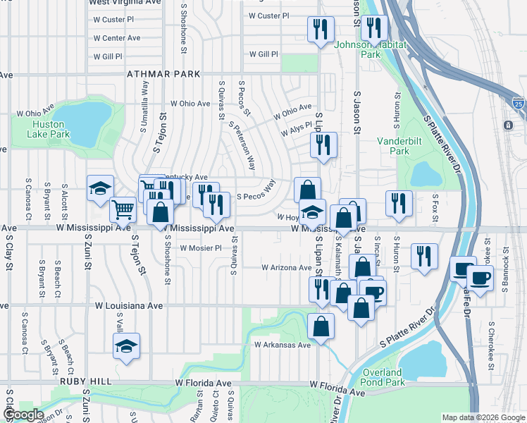 map of restaurants, bars, coffee shops, grocery stores, and more near 1501 West Hoye Place in Denver