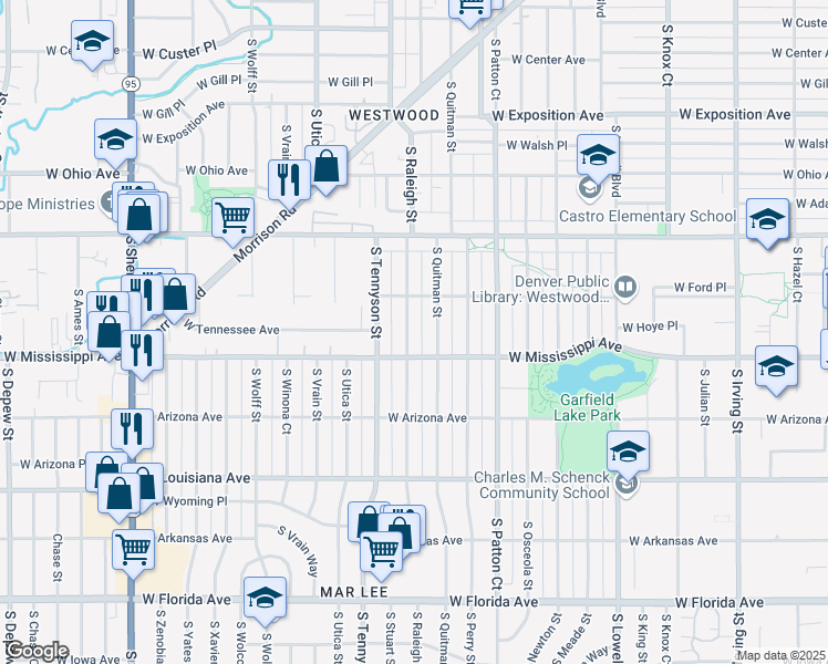 map of restaurants, bars, coffee shops, grocery stores, and more near 1050 South Raleigh Street in Denver