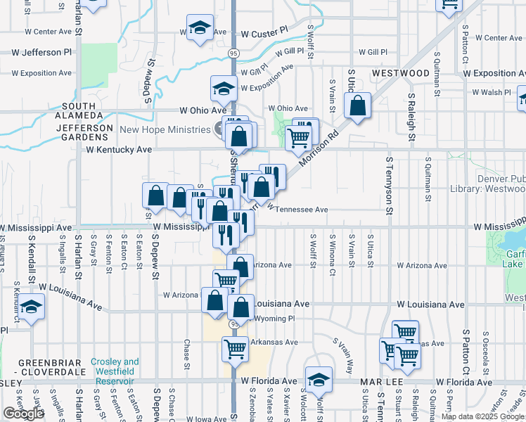 map of restaurants, bars, coffee shops, grocery stores, and more near 5010 West Tennessee Avenue in Denver