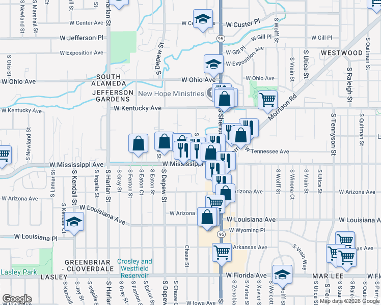 map of restaurants, bars, coffee shops, grocery stores, and more near 1075 South Ames Street in Lakewood