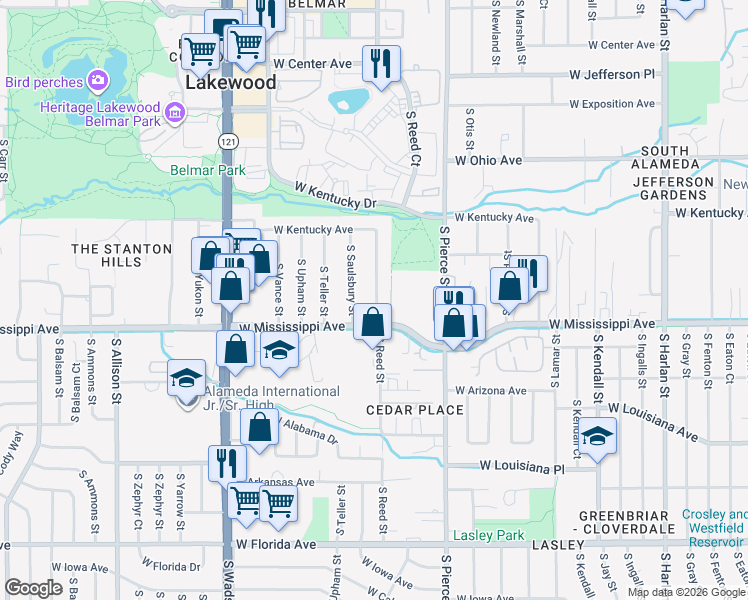 map of restaurants, bars, coffee shops, grocery stores, and more near 1054 South Reed Street in Lakewood
