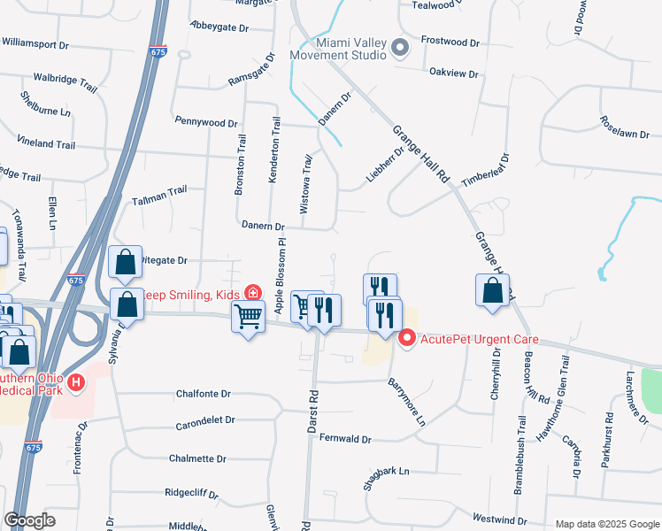 map of restaurants, bars, coffee shops, grocery stores, and more near 82 Rosell Drive in Dayton
