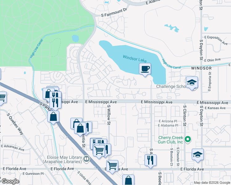 map of restaurants, bars, coffee shops, grocery stores, and more near 9085 East Mississippi Avenue in Denver