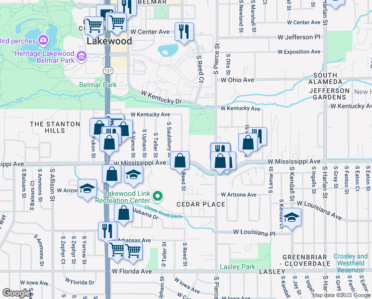 map of restaurants, bars, coffee shops, grocery stores, and more near 1054 South Reed Street in Lakewood