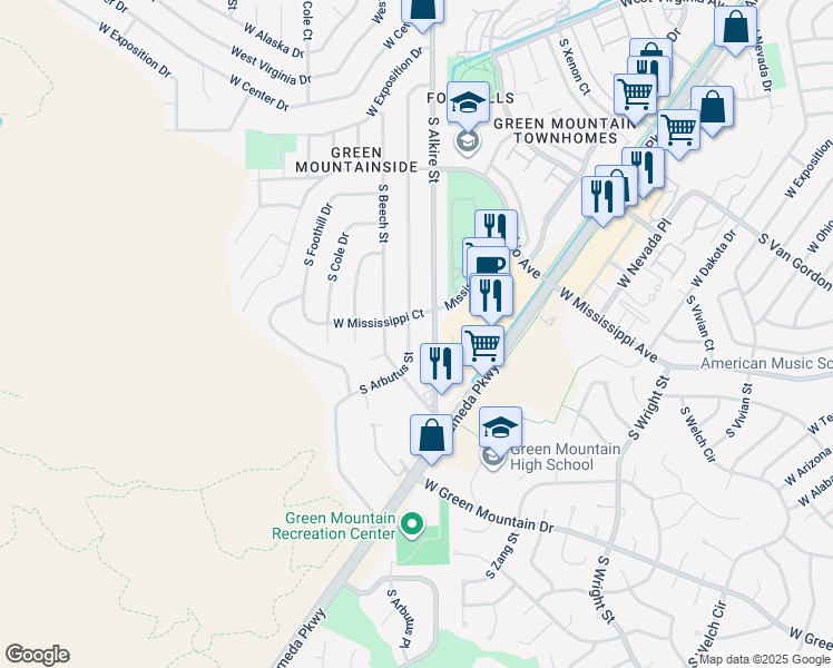 map of restaurants, bars, coffee shops, grocery stores, and more near 1022 South Arbutus Street in Lakewood