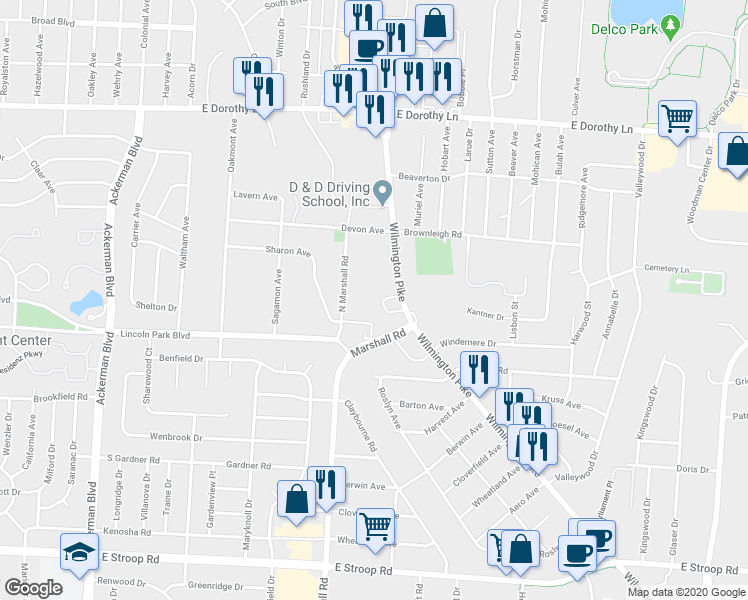 map of restaurants, bars, coffee shops, grocery stores, and more near 3313 Wilmington Pike in Kettering