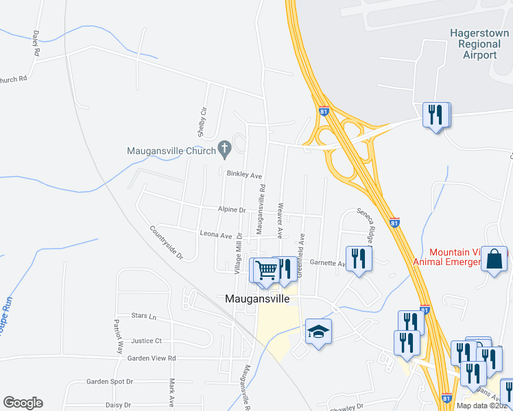 map of restaurants, bars, coffee shops, grocery stores, and more near 13922 Maugansville Road in Maugansville