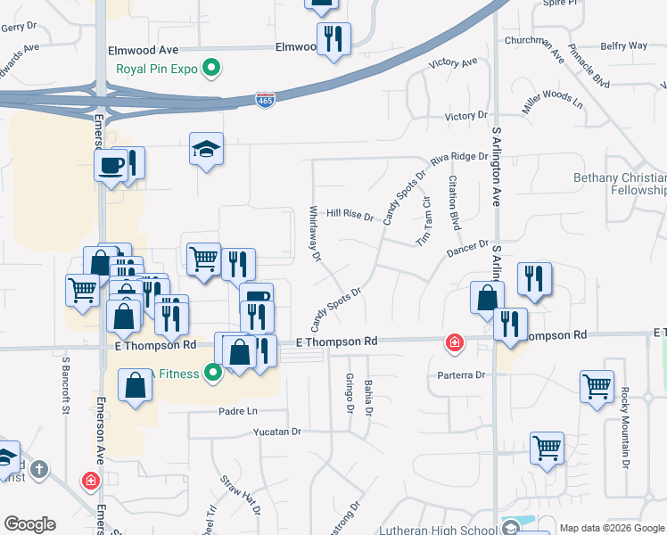 map of restaurants, bars, coffee shops, grocery stores, and more near 4819 Whirlaway Drive in Indianapolis